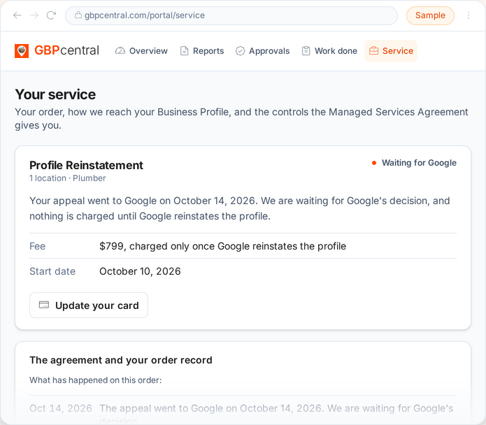 The client portal's Service page for a reinstatement order while Google decides, with sample details.