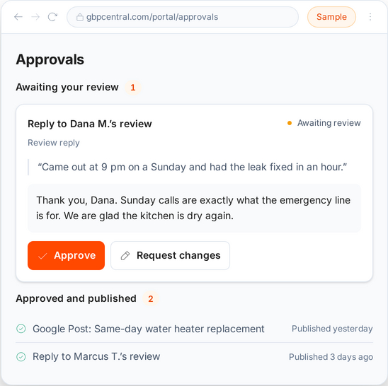The client portal's Approvals page: a review reply awaiting your approval with Approve and Request changes, and two items approved and published, with sample text.
